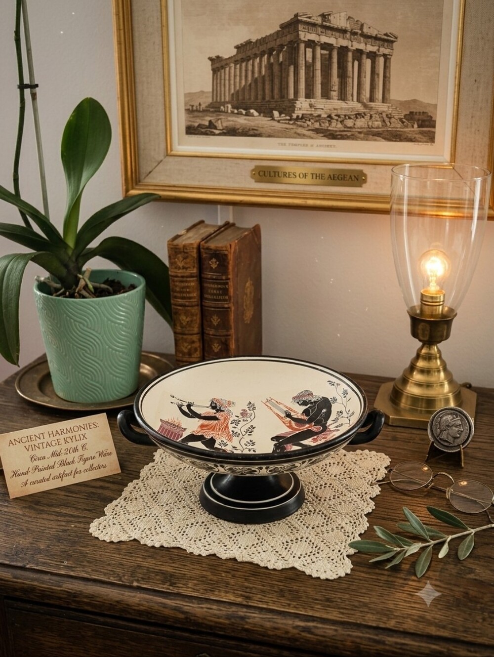 Vintage Greek Revival Black Figure Pedestal Bowl